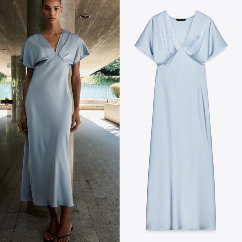 Zara Pale Blue Draped V‑Neck Midi Dress